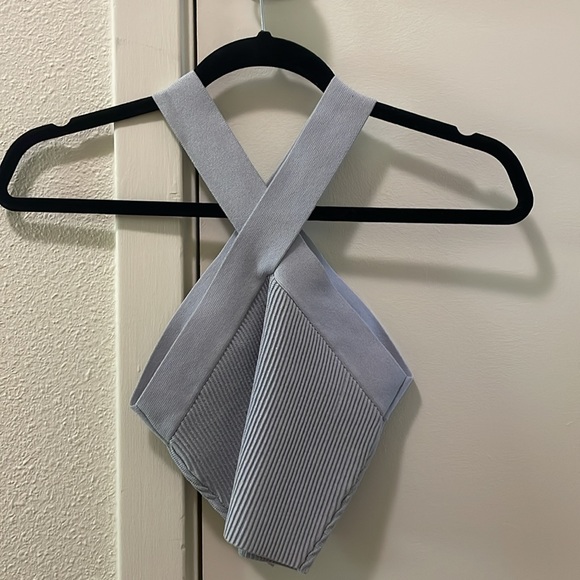 Aritzia Sculpt Knit Criss Cross Cropped Tank Cement Blue - Picture 5 of 6